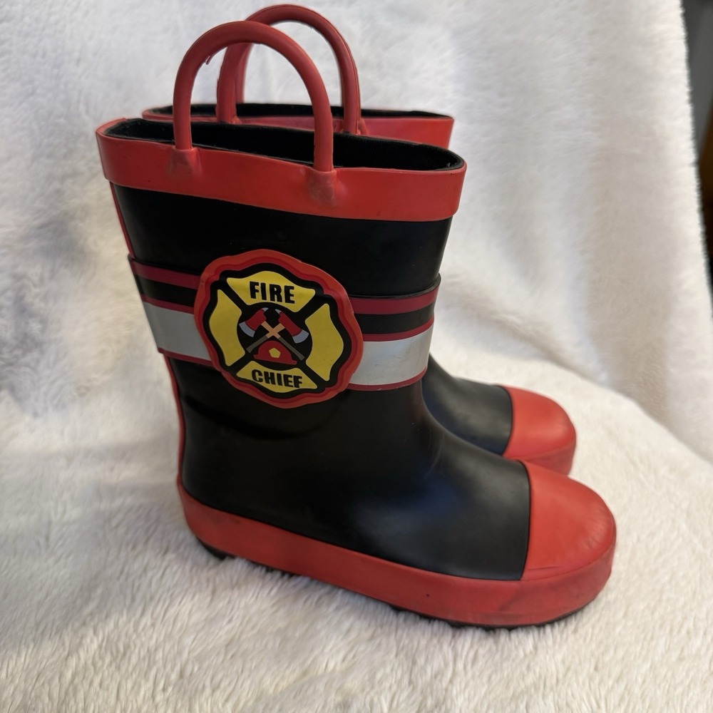 Kids Firemen Rain Boots Black &Red Unisex Size 10 Waterproof Rubber Halloween